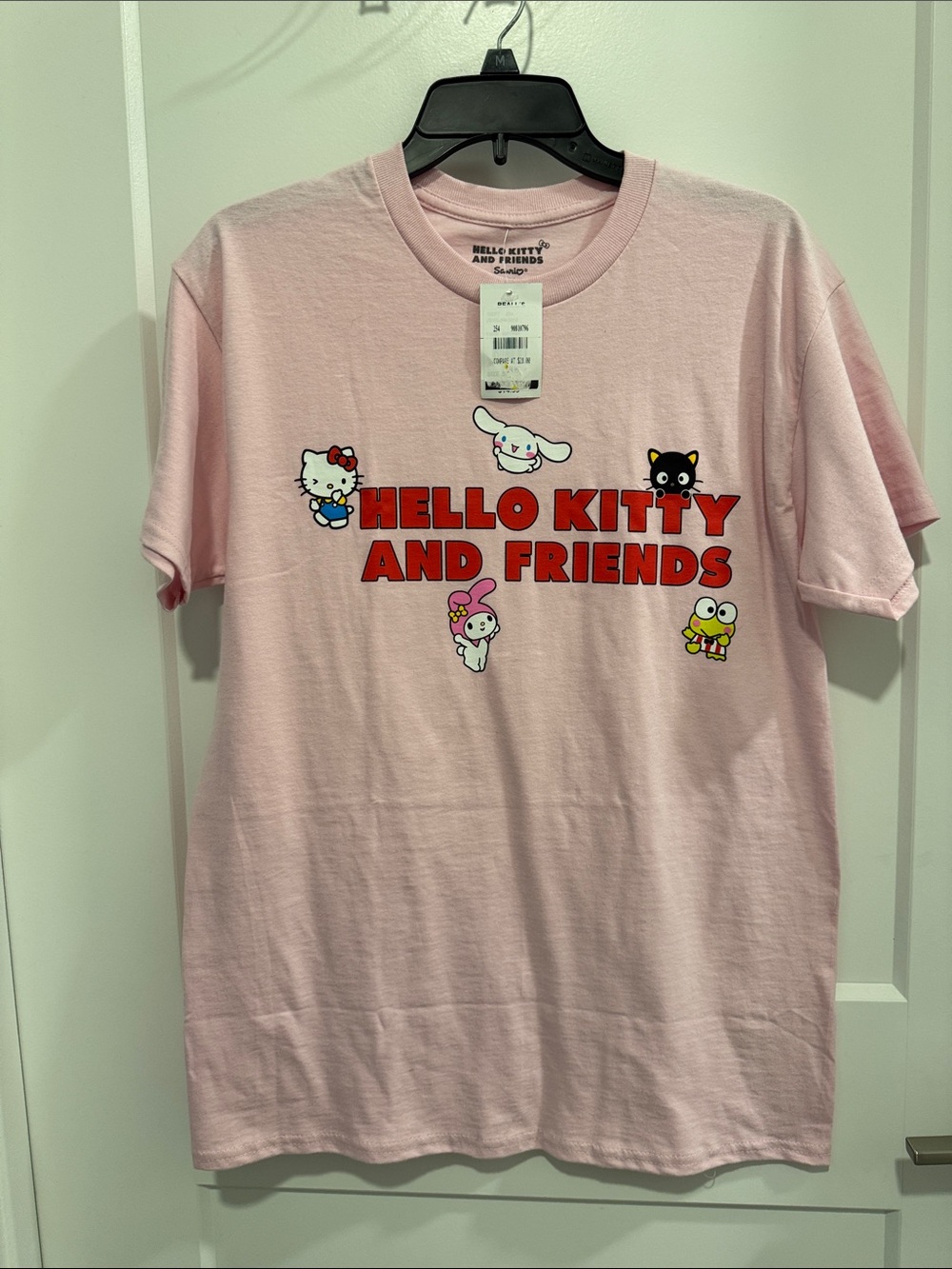 Hello Kitty Pink Graphic Tee with Red Logo and Multicolor Characters